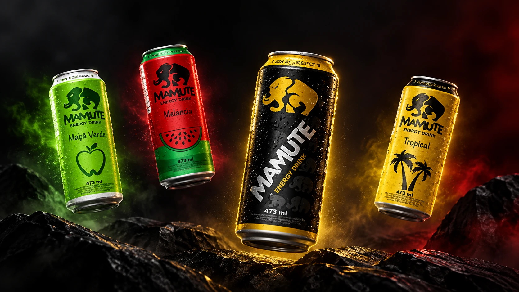 Quatro latas Mamute flutuando sobre rochas escuras com fumaça colorida